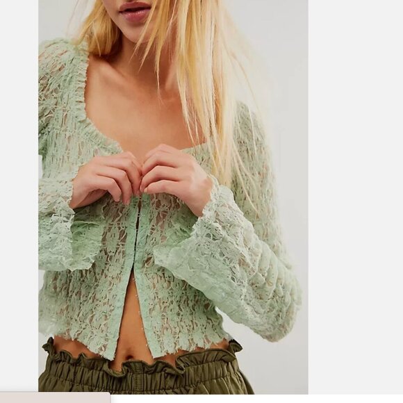 NEW Free People FP One Madison Top Smocked Lace Sheer Hook-Front Bell Sleeve - Picture 3 of 7